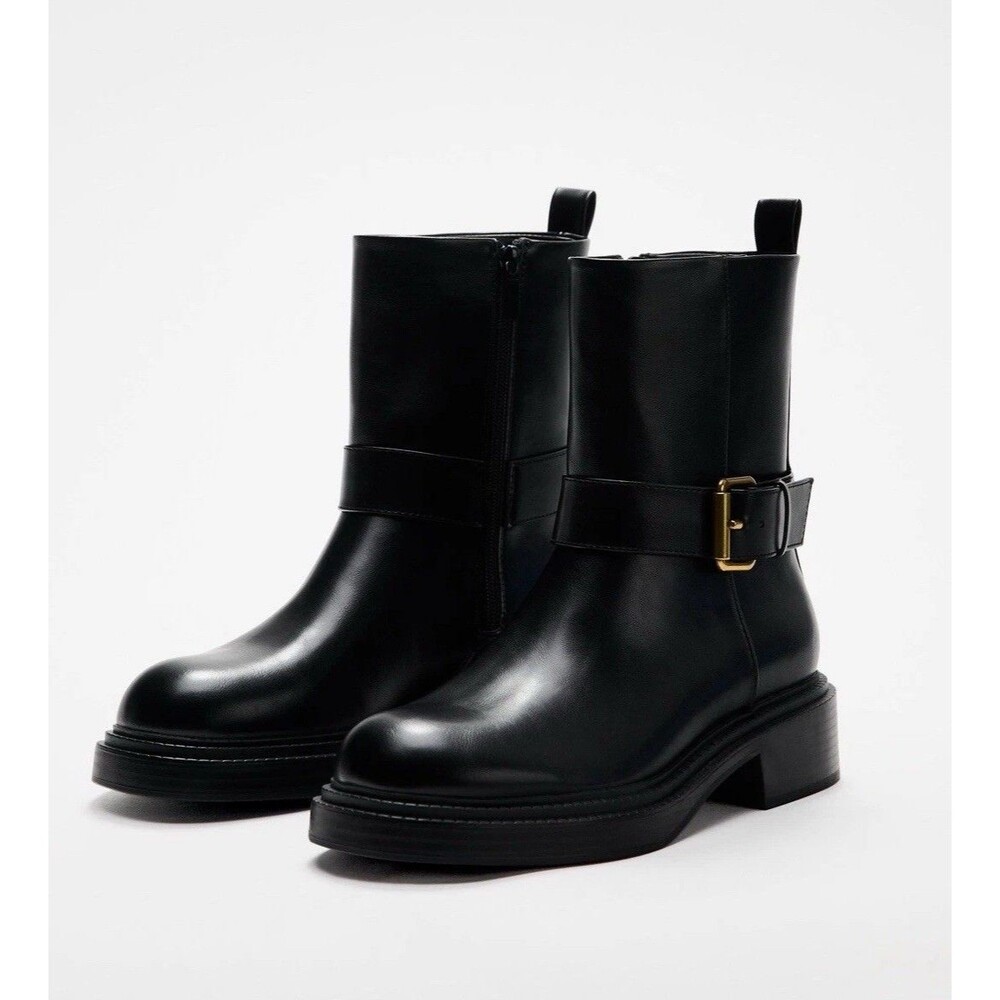 ZARA New Black Ankle Boots Flat Buckles Size US 6.5 EUR 37 Ref 3104/410